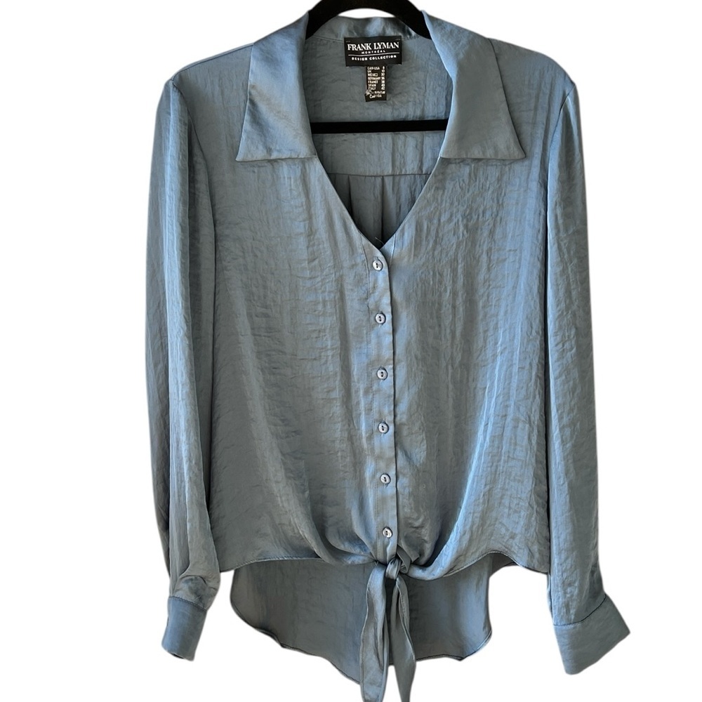 Frank Lyman Sz 8 Periwinkle Satin Blue Button Down Blouse